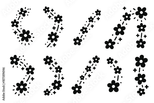 Radiant Floral Pathway. Solid style icons of flowers creating illuminated pathways: radiant floral trail, glowing blossom route,