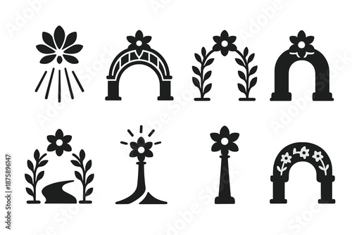 Solid Floral Icons. Solid style icons of guiding floral structures: radiant petal form, flower light bridge, blooming navigation