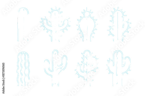 Neon Cactus Icons. Solid style icons of xenon-lit cactus structures: glowing rib column, radiant thorn spine, illuminated crown,