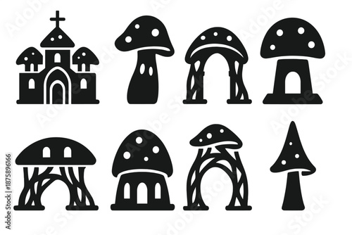 Ghostly Fungal Architecture. Solid style icons of ghostly fungal architecture: spore cathedral, spectral pillar, eerie fungus gate