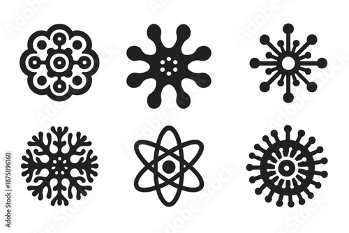Microscopic Symmetry Icons. Solid style icons of microscopic symmetry: cellular mandala, radial organism form, molecular pattern,