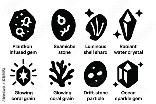 Oceanic Micro-Crystal Icons. Solid style icons of oceanic micro-crystals: plankton-infused gem, sea microbe stone, luminous shell