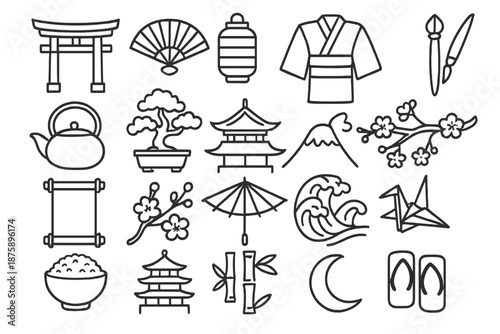 Japanese Culture Icons. Line style icons of Japanese culture: torii gate, fan, lantern, kimono, tea pot, bonsai, temple roof,