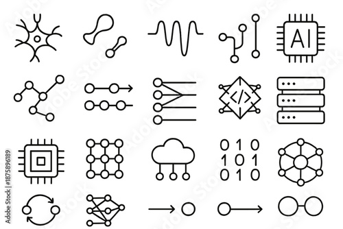 Neural Network Icons. Line style icons of neural networks: neuron, synapse, brain wave, circuit line, AI chip, data point, signal