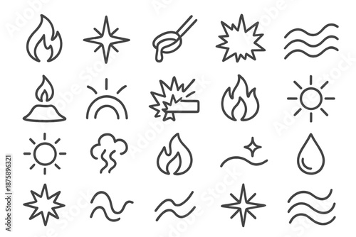 Heat and Power Icons. Line style icons of heat and power: flame, spark, molten metal, wave line, ember, heat arc, explosion mark,