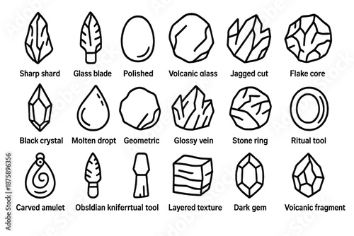 Obsidian Element Icons. Line style icons of obsidian elements: sharp shard, glass blade, polished stone, volcanic glass, fractured