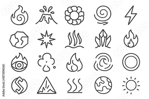 Elemental Power Icons. Line style icons of elemental power: fire swirl, lava burst, molten core, smoke spiral, lightning spark,