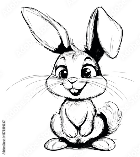 Hand drawn line art illustration of a cute rabbit depicting a friendly smile for kids and pets concepts