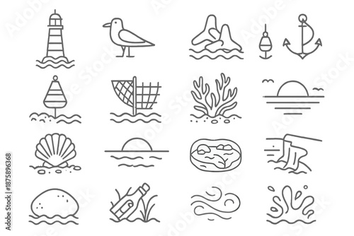 Coastal Icons Collection. Line style icons of coastal elements: lighthouse, seagull, wave breaker, anchor, buoy, fishing net,