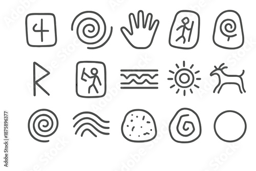 Ancient Carving Icons. Line style icons of ancient carvings: engraved symbol, spiral glyph, handprint, stone etching, rune mark,