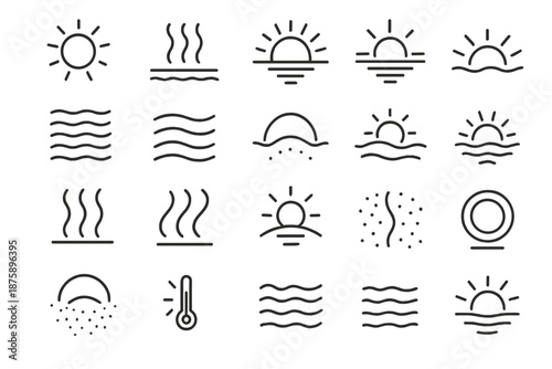 Sunlight and Heat Icons. Line style icons of sunlight and heat: sun disk, heat wave, glowing horizon, reflection beam, mirage