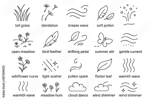 Whispering Fields Icons. Line style icons of Whispering Fields: tall grass, dandelion seeds, breeze wave, soft pollen, open meadow