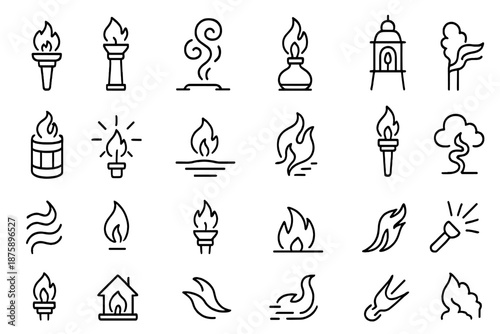 Signal and Flame Icons. Line style icons of Signal and Flame: beacon torch, tower fire, smoke spiral, oil lamp, bell tower, signal