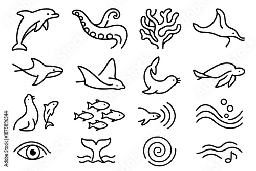 Marine Creature Icons. Line style icons of Intelligent Creatures: dolphin leap, whale song, octopus tentacle, coral maze, manta