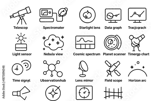 Galactic Observation Icons. Line style icons of Galactic Observation: telescope, spectrometer, orbit monitor, starlight lens, data