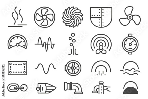 Steam and Depth Icons. Line style icons of Steam and Depth: vapor vent, turbine ring, gear spiral, metal hull, rivet seam, depth