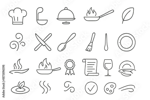 Culinary Icon Collection. Line style icons of Culinary Excellence: chef toque, golden ladle, plated art, flame pan, garnish leaf,