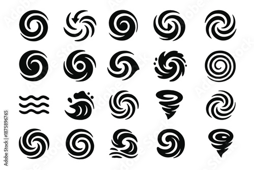 Whirlpool Dynamics Icons. Solid style icons of Whirlpool Dynamics: circular flow, inward current, spiral force, downward pull,