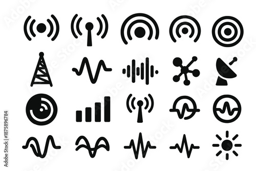 Radio Signal Icons. Solid style icons of Radio Signals: radio wave, antenna beam, frequency arc, signal ripple, broadcast tower,