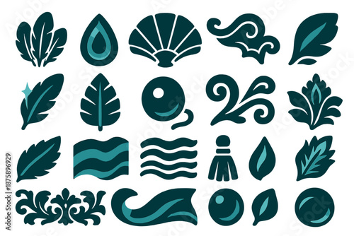 Ornamental Plumage Icons. Solid style icons of Ornamental Plumage: feather cluster, jewel tone, curved fan, golden trim, light