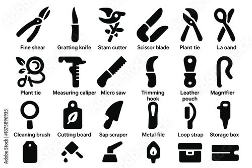 Botanical Tool Icons. Solid style icons of Botanical Precision Tools: fine shear, grafting knife, stem cutter, scissor blade,