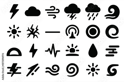 Thunderstorm Icon Set. Solid style icons of Thunderstorm Phenomenon: lightning strike, vapor cloud, wind rush, rain streak, sky