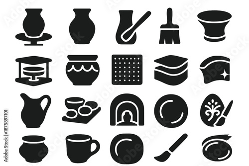 Porcelain Craft Icons. Solid style icons of Porcelain Craft: pottery wheel, clay vessel, shaping paddle, glaze brush, kiln shelf,