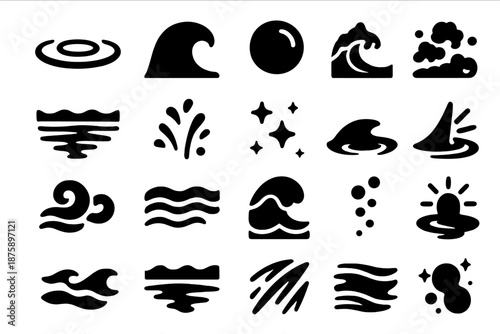 Nautical Icons Collection. Solid style icons of Nautical and Oceanic Elements: water ripple, tidal wave, floating bubble, wave