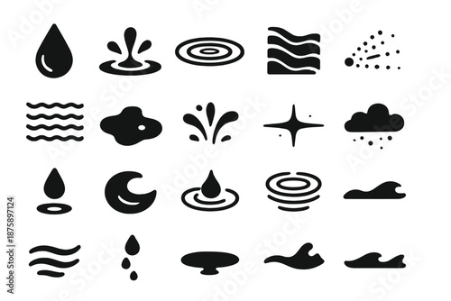 Water and Rain Icons. Solid style icons of Water and Rain Effects: raindrop, puddle splash, ripple line, flowing water, soft spray