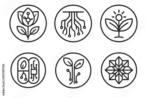 Organic Technology Icons. Line style circular vector icons of organic technology: bioengineered bloom, wire roots, plant with