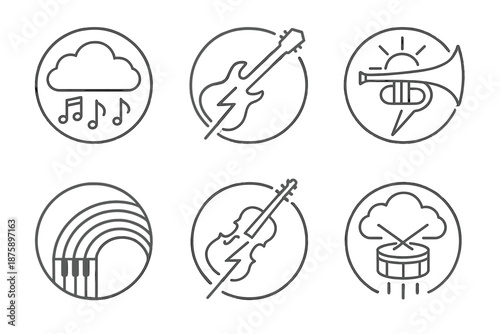 Musical Weather Icons. Line style circular vector icons of melodic weather: musical notes raining from clouds, thunder shaped like