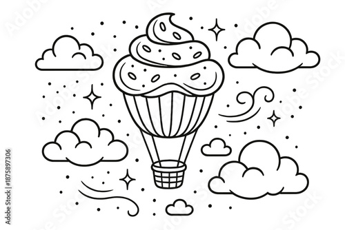 Cupcake Balloon Fantasy. Line style icons of Confection Clouds: hot air balloon shaped like cupcake, floating fluffy clouds, tiny