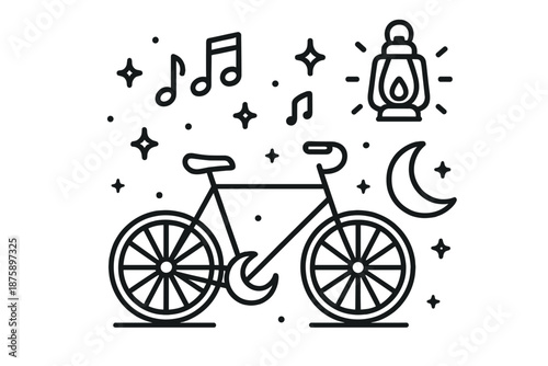 Night Ride Harmony. Line style icons of Night Ride Harmony: bicycle with moon-shaped pedals, floating music icons, glowing