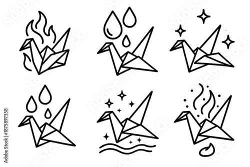 Elemental Origami Icons. Line style icons of Elemental Origami: paper cranes morphing between flames and water drops, glowing