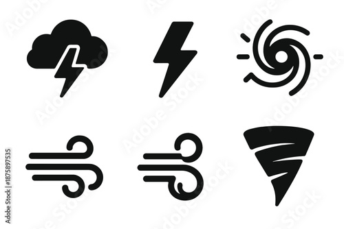 Stormy Sky Icons. Solid style icons of stormy sky elements in : electric cloud, lightning bolt, radiant swirl, glowing wind, neon