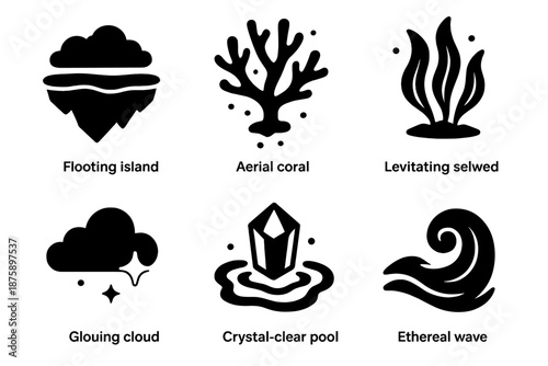Floating Island Icons. Solid style icons of hybrid sky and sea in : floating island, aerial coral, levitating kelp, glowing cloud,