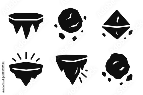 Levitating Adventure Icons. Solid style icons of levitating adventure elements in : floating platform, hovering boulder, prism