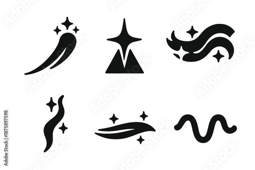 Magical Light Icons. Solid style icons of magical light effects in : glowing trail, prism spark, radiant ribbon, ethereal filament