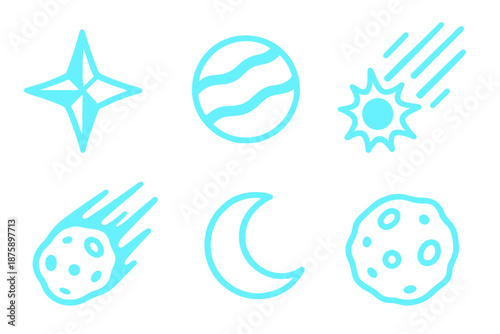 Celestial Objects Icons. Solid style icons of floating celestial objects in : prism star, glowing planet, radiant comet, ethereal