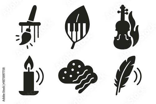 Cross-Sensory Icons. Solid style icons of cross-sensory objects: paintbrush chime, piano leaf, violin flame, candle tone, cloud