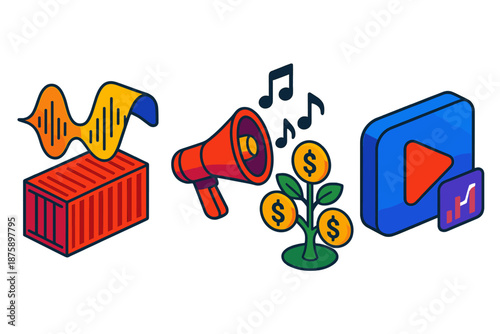 Indie Music Pipeline. Isometric vector illustration set Indie Musician's Pipeline: waveform ribbon wrapping into shipping