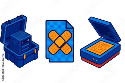 Digital Archivist Icons. Isometric vector illustration set Digital Archivist's Toolkit: archival server inside protective case,