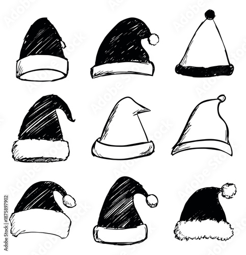 Hand drawn sketch santa hats set featuring various styles for christmas holiday design