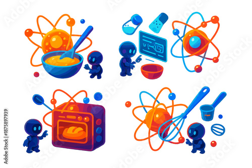 Subatomic Bread Baking. Isometric vector illustration set Subatomic particles baking bread: orbiting glowing atoms mixing luminous