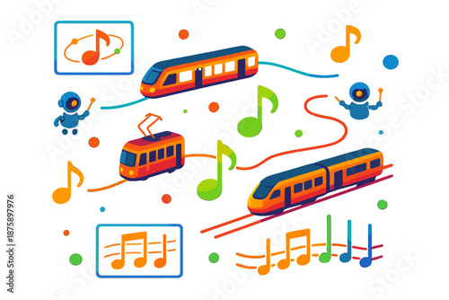 Musical Transit Symphony. Isometric vector illustration set Public transport as music notes: floating glowing trains and trams