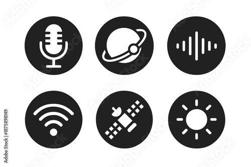 Tech Podcast Icons. Solid style round vector icons of tech podcasting: microphone, orbital ring, sound wave, satellite, data