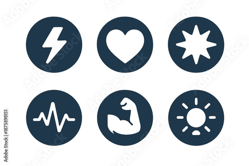 Motivation Icons. Solid style round vector icons of motivation and drive: lightning flash, vibrant heart, energy burst, pulse