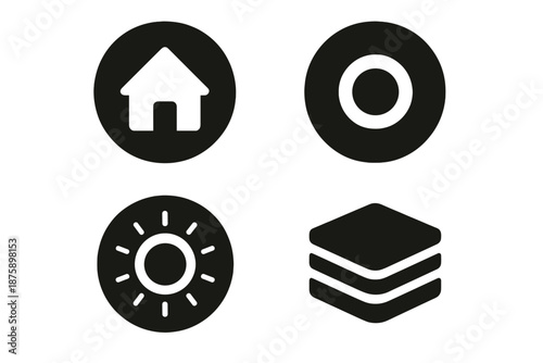 Stability and Belonging Icons. Solid style round vector icons of stability and belonging: minimal house, centered circle, glowing