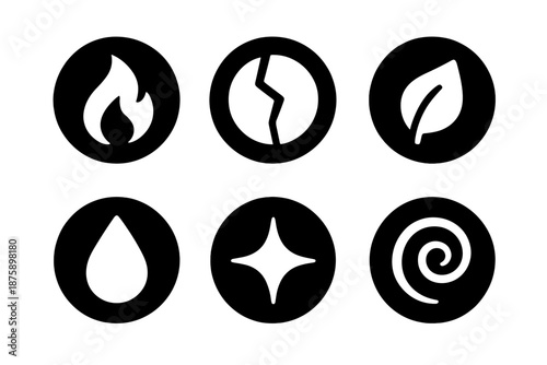 Change and Renewal Symbols. Solid style round vector icons of change and renewal: flame, mirror shard, leaf, droplet, spark,
