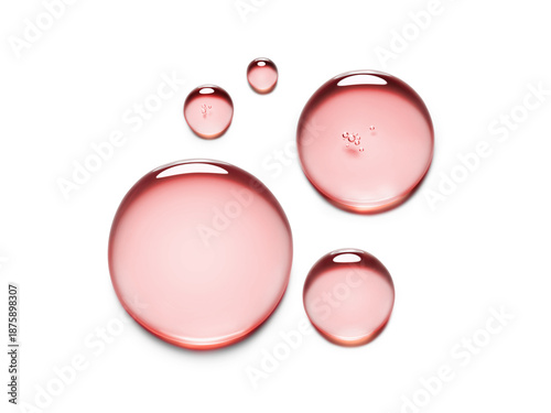 Variation of pink clear serum oil round sample swatch textures with bubbles isolated on white background. Skin care cosmetic hyaluronic acid retinol collagen water science lab product